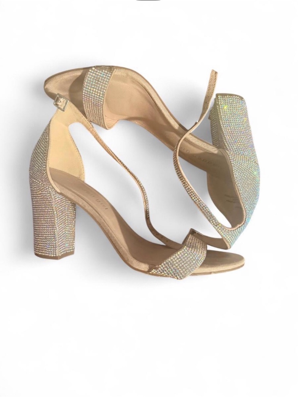 Rhinestone Embellished Nude Block Heel Sandals